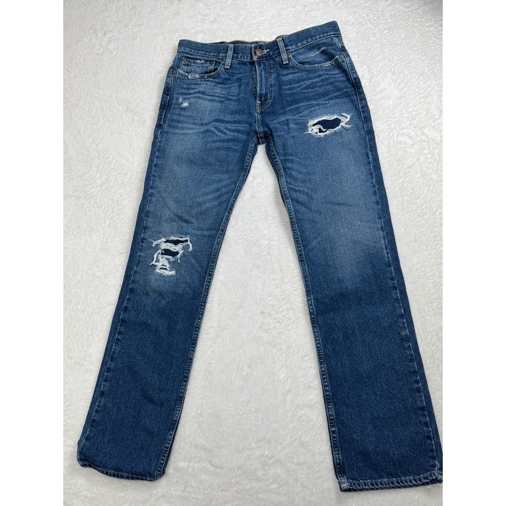 Hollister Men's 31x32 Slim Straight Jeans Ripped Distressed Denim Blue Wash Edgy